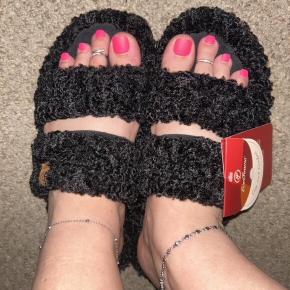 Women's Matt-Black Fuzzy Open-toe Slippers Soft Comfy Foam Indoor House Shoes - Picture 1 of 12